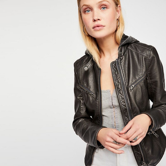 Hooded Faux Leather Jacket Xs 